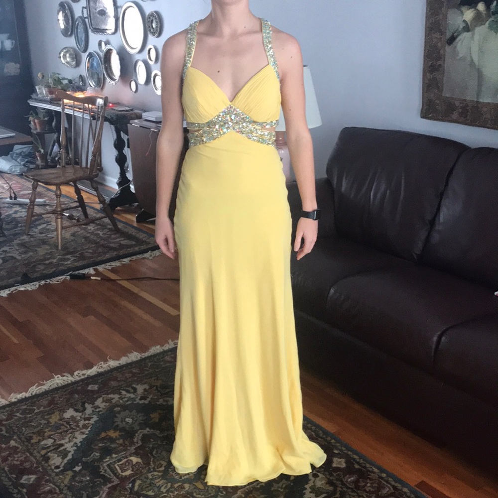 Faviana canary yellow prom dress